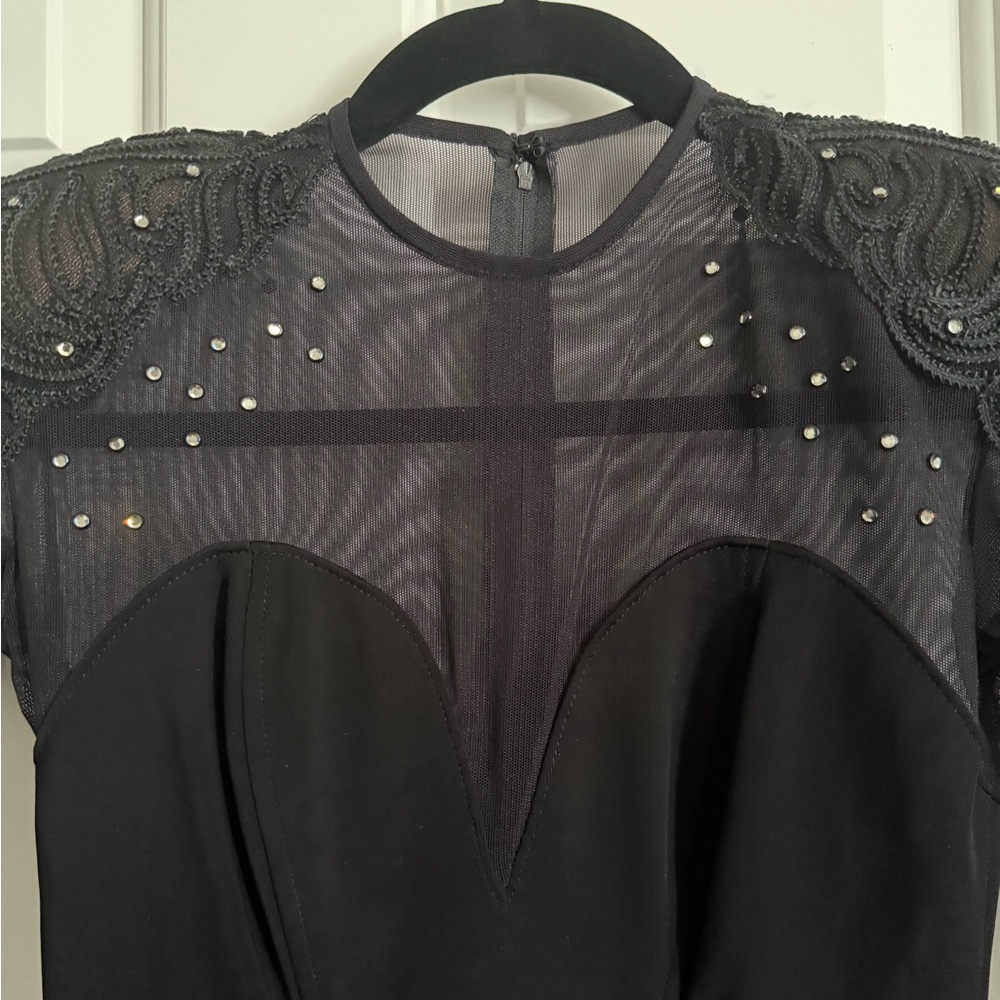 Vintage Tadashi Black Sheer Mesh Sleeves Beaded Shoulder Bodycon Dress Size XS–S - Picture 5 of 8